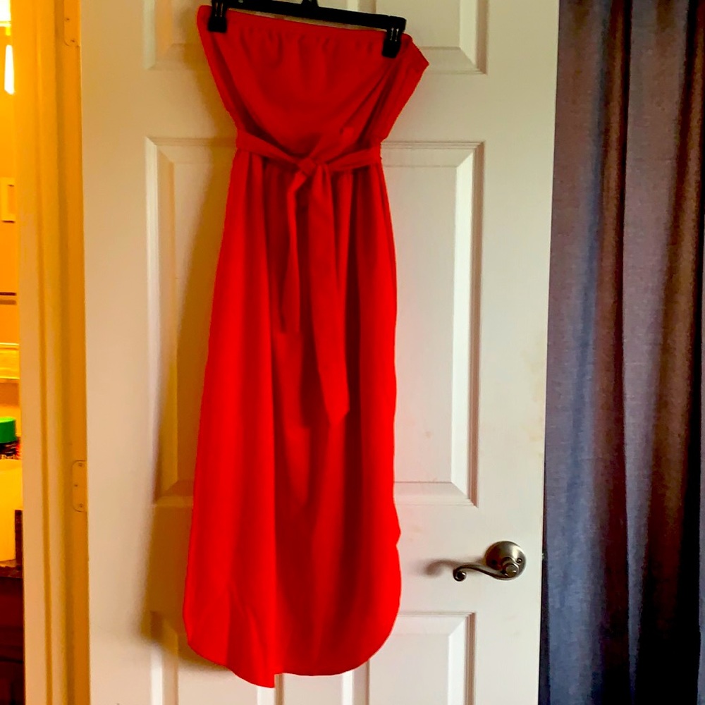 Red strapless midi dress with sash